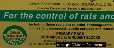 This is the label of a rodent poison (rodenticide) that contains a bittering agent designed to reduce mouse and rat bait ingestion by pets and children.