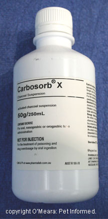Carbosorb, one of the commercially available charcoal suspensions for treating poisoning in dogs and cats.