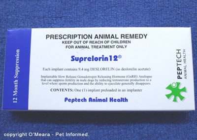 This is Suprelorin-12, a 12-monthly slow-release implant used to reduce fertility and unwanted breeding by male dogs.