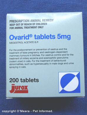 Ovarid or megestrol acetate can be used for heat suppression (estrus suppression) and pregnancy prevention (birth control) in the bitch.