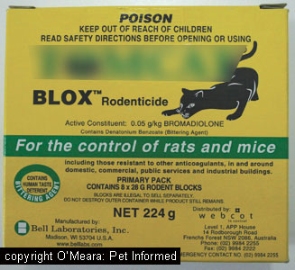 The active ingredient, bromadiolone, is one of the more common second generation, superwarfarin compounds found in commercial rodenticides.